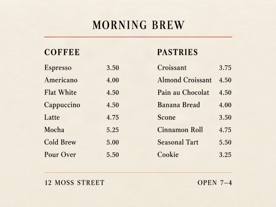 Two-column cafe menu (16 items) — MOSS-Image benchmark output