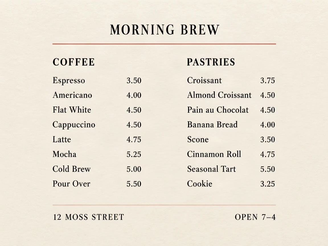 A two-column cafe menu generated by MOSS-Image SFT, with 16 dishes and prices