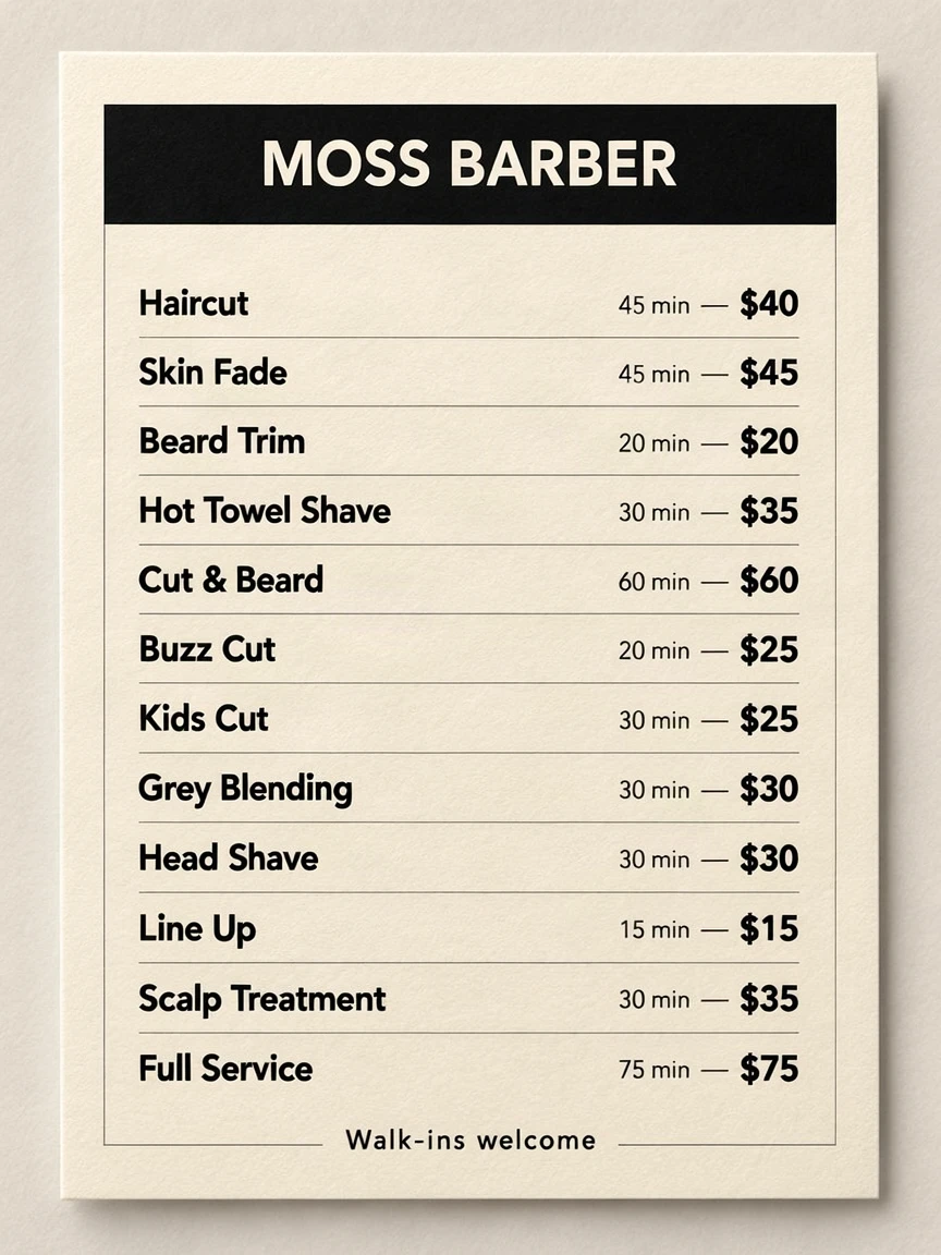 Service price list (12 lines) — MOSS-Image benchmark output