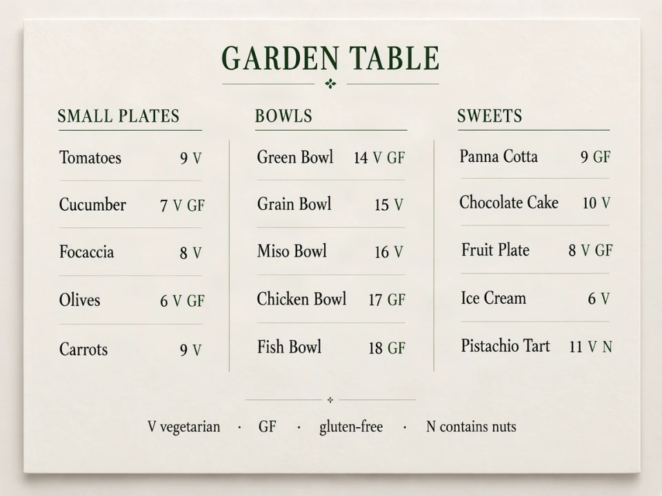 Menu with dietary markers (15 items) — MOSS-Image benchmark output