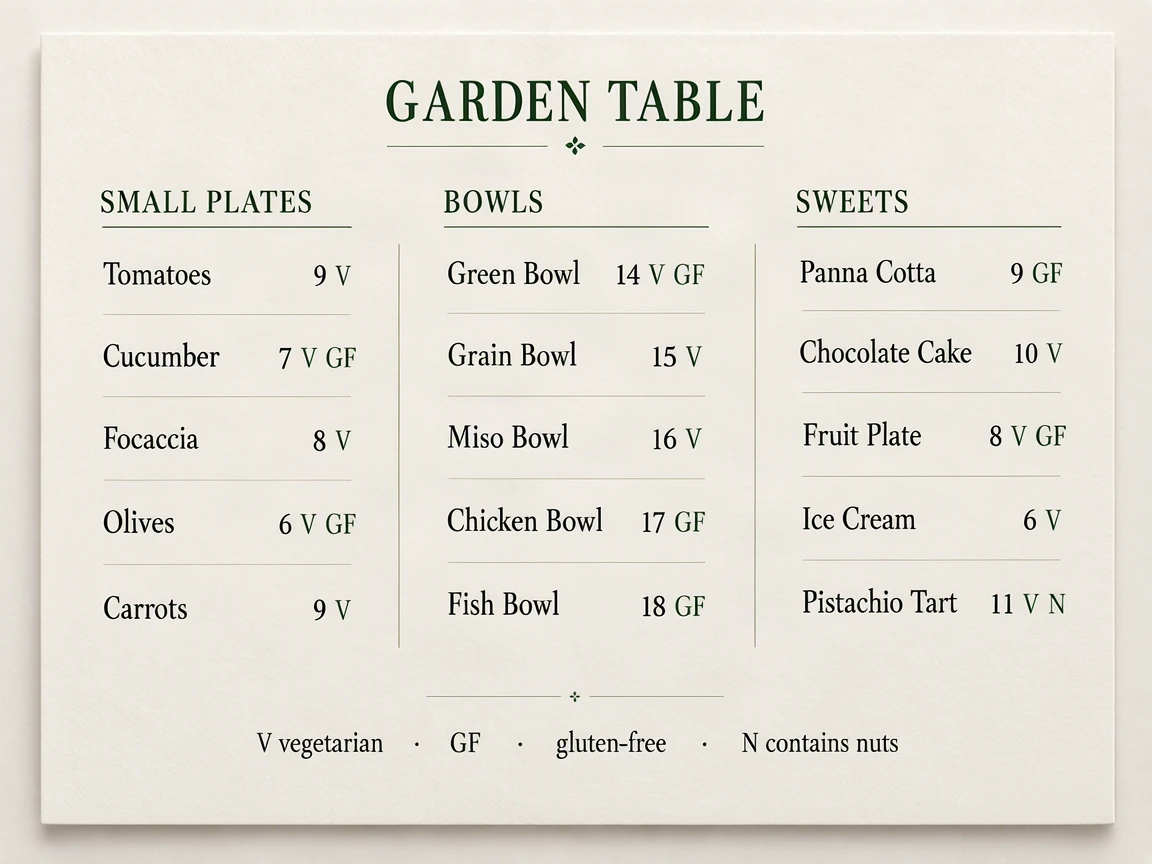 A generated garden restaurant menu with dietary markers and prices