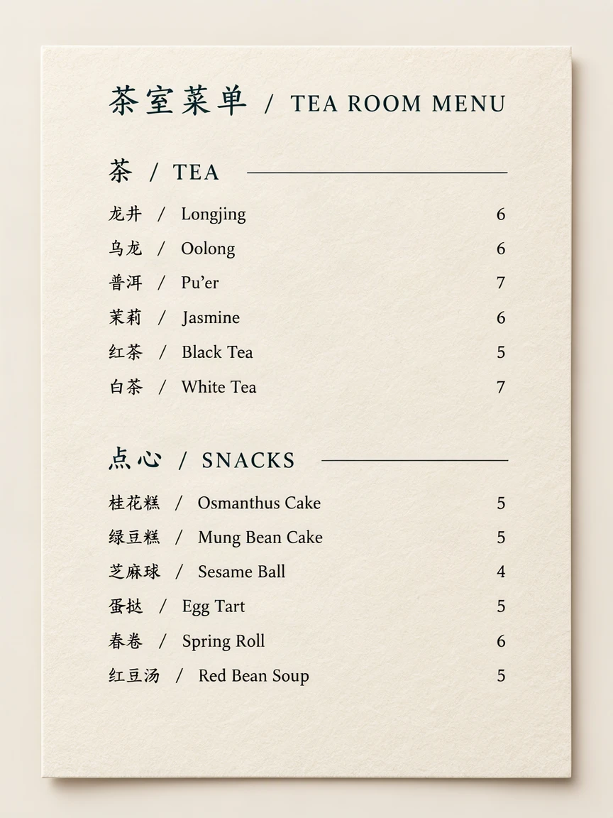 Bilingual tea menu (12 items) — MOSS-Image benchmark output