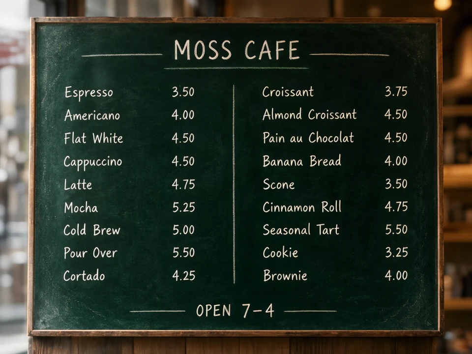 Hand-written chalkboard menu — MOSS-Image benchmark output