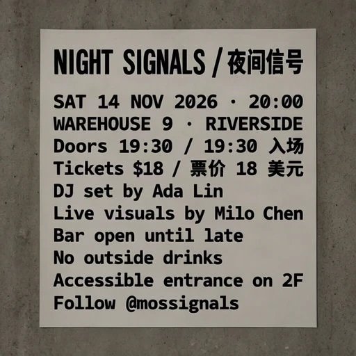 Dense event poster at Draft 512 — MOSS-Image benchmark output