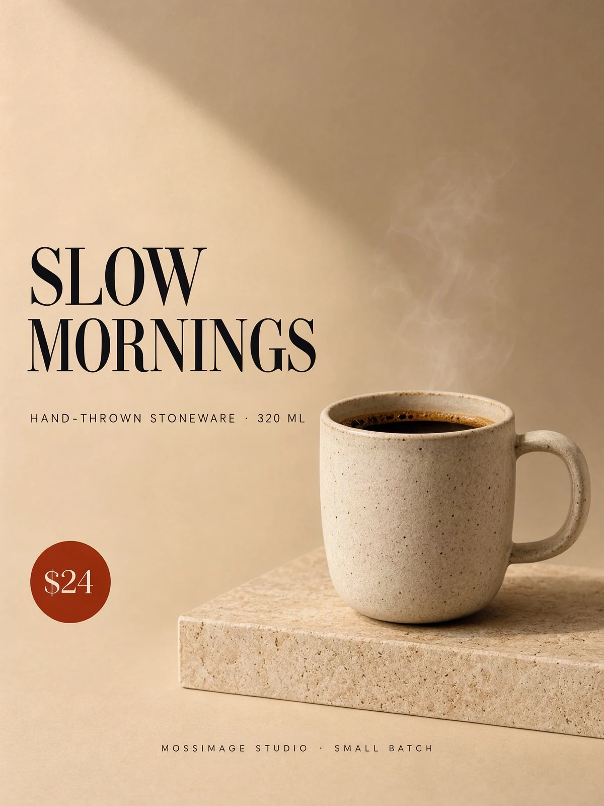 MOSS-Image product advertisement with a ceramic mug and a $24 price badge