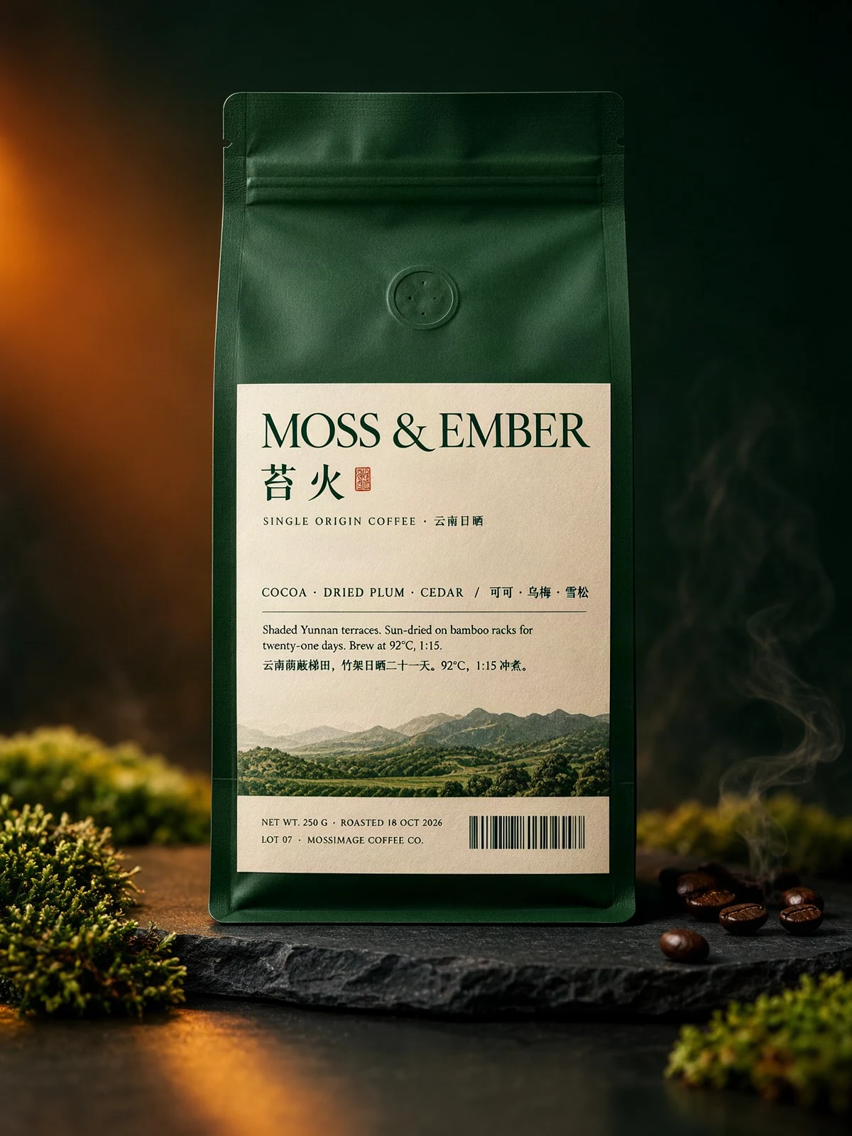 Sample MOSS-Image output: a bilingual Moss & Ember coffee packaging label