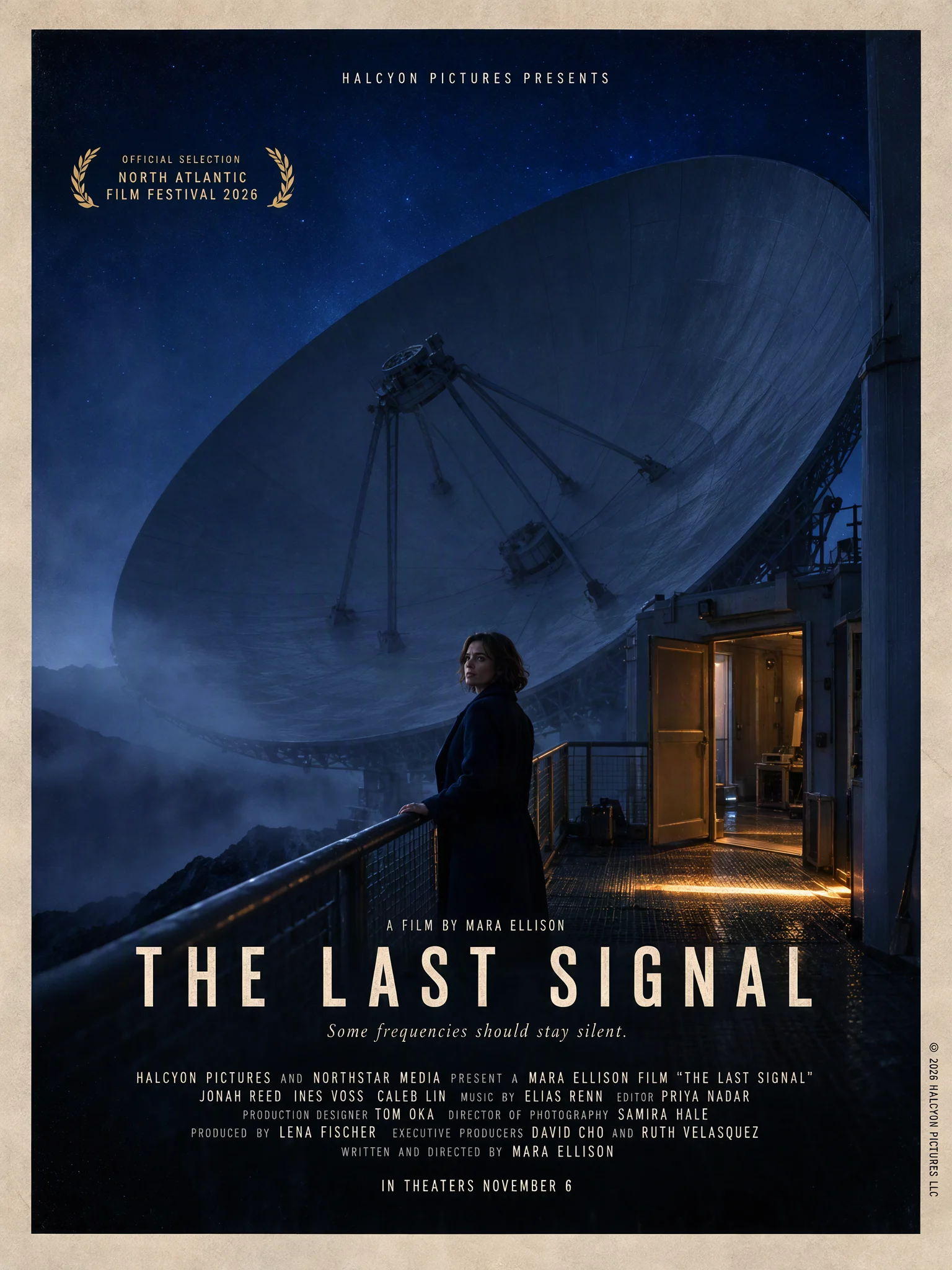 Cinematic key art poster for the fictional film The Last Signal, with a radio astronomer and a dense billing block