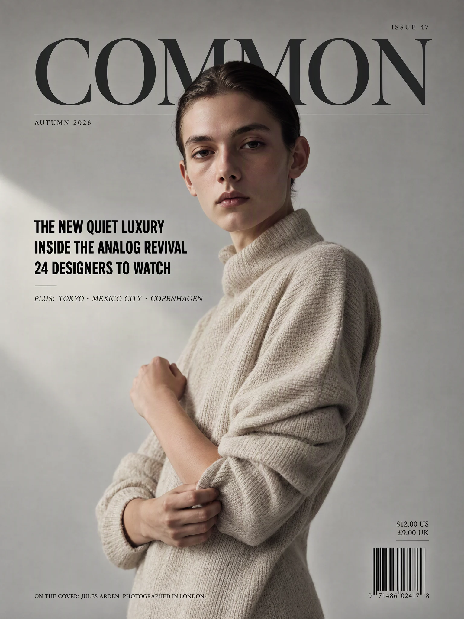 COMMON magazine cover with a model in a knit sweater, cover lines and a barcode