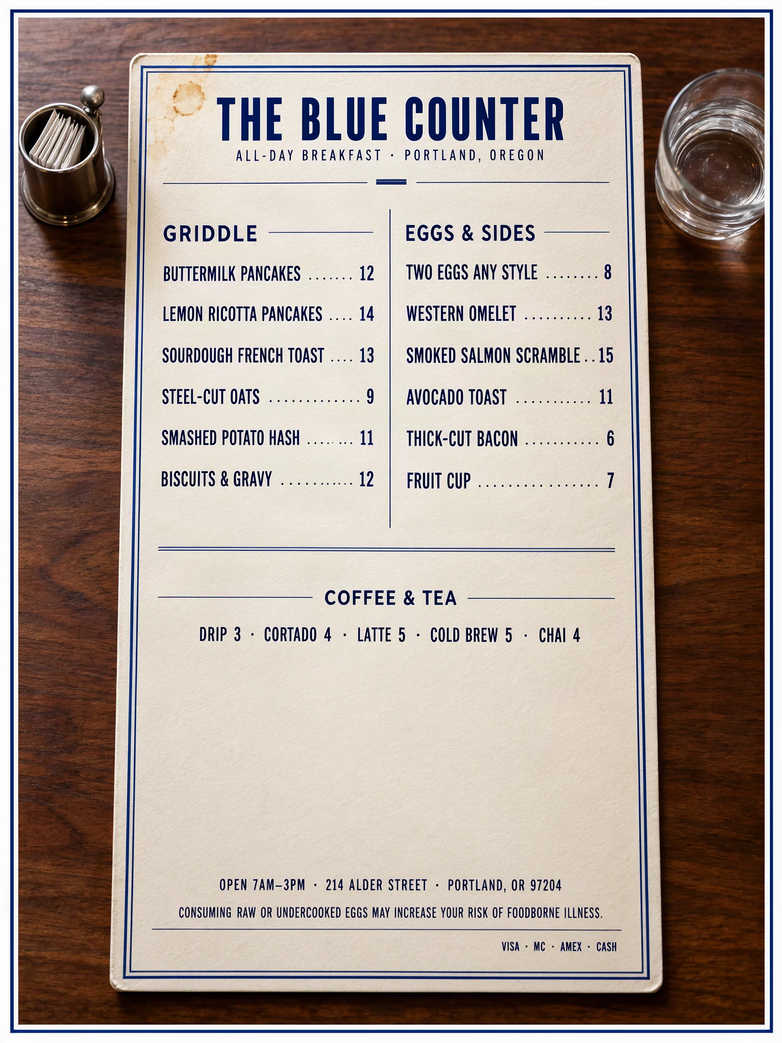 The Blue Counter diner menu with two columns of dishes, prices and a legal line