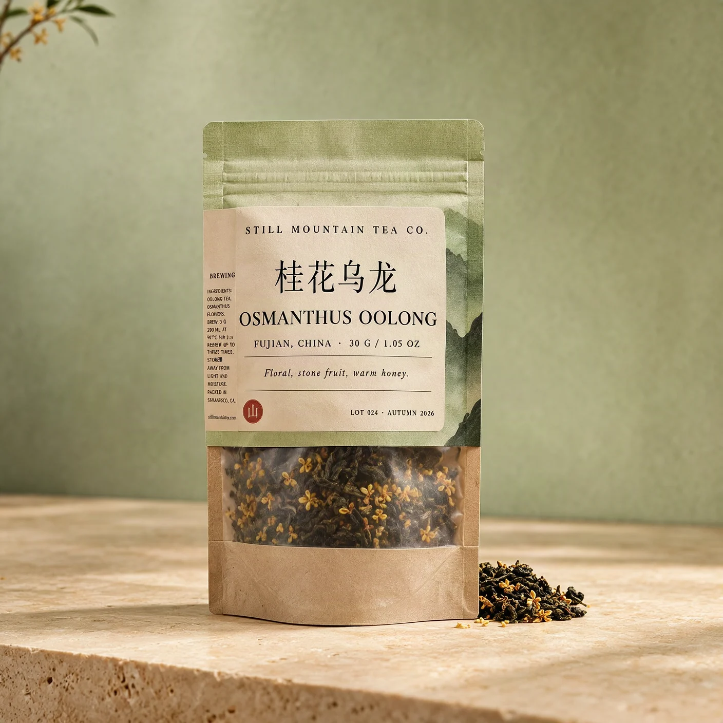 Still Mountain osmanthus oolong tea pouch with Chinese and English label text
