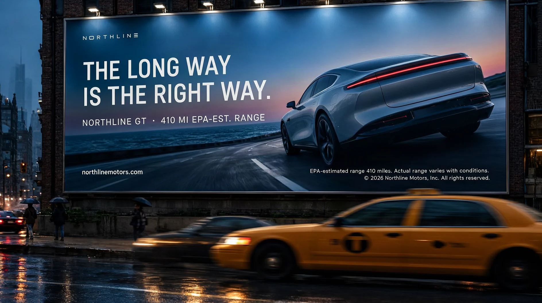 Northline GT billboard on a rainy Chicago street with headline and legal copy