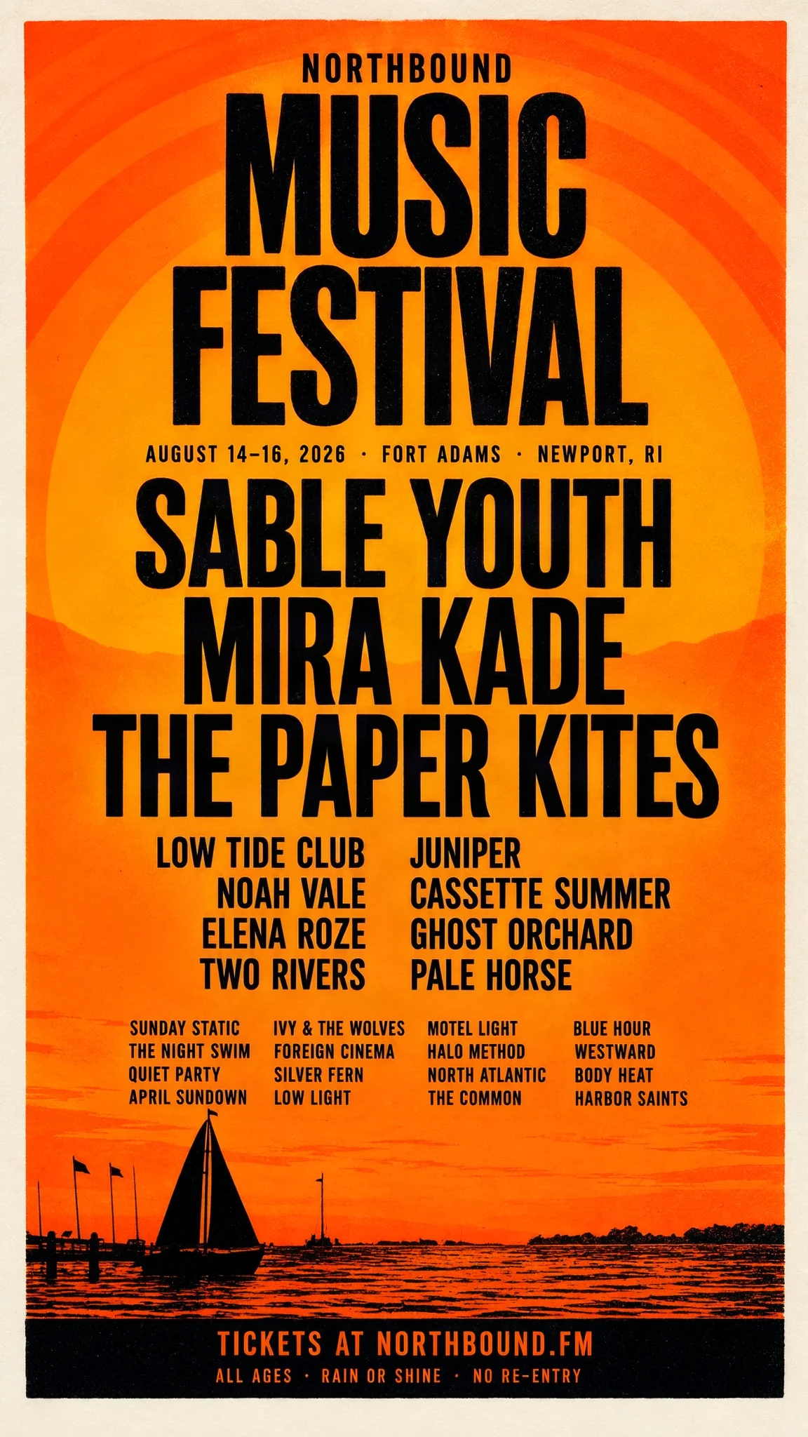 Northbound music festival poster with an orange risograph sunset and 27 artist names