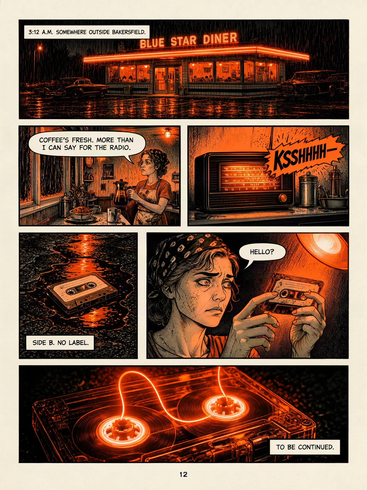 Night Shift comic page with six panels, speech balloons and orange risograph ink